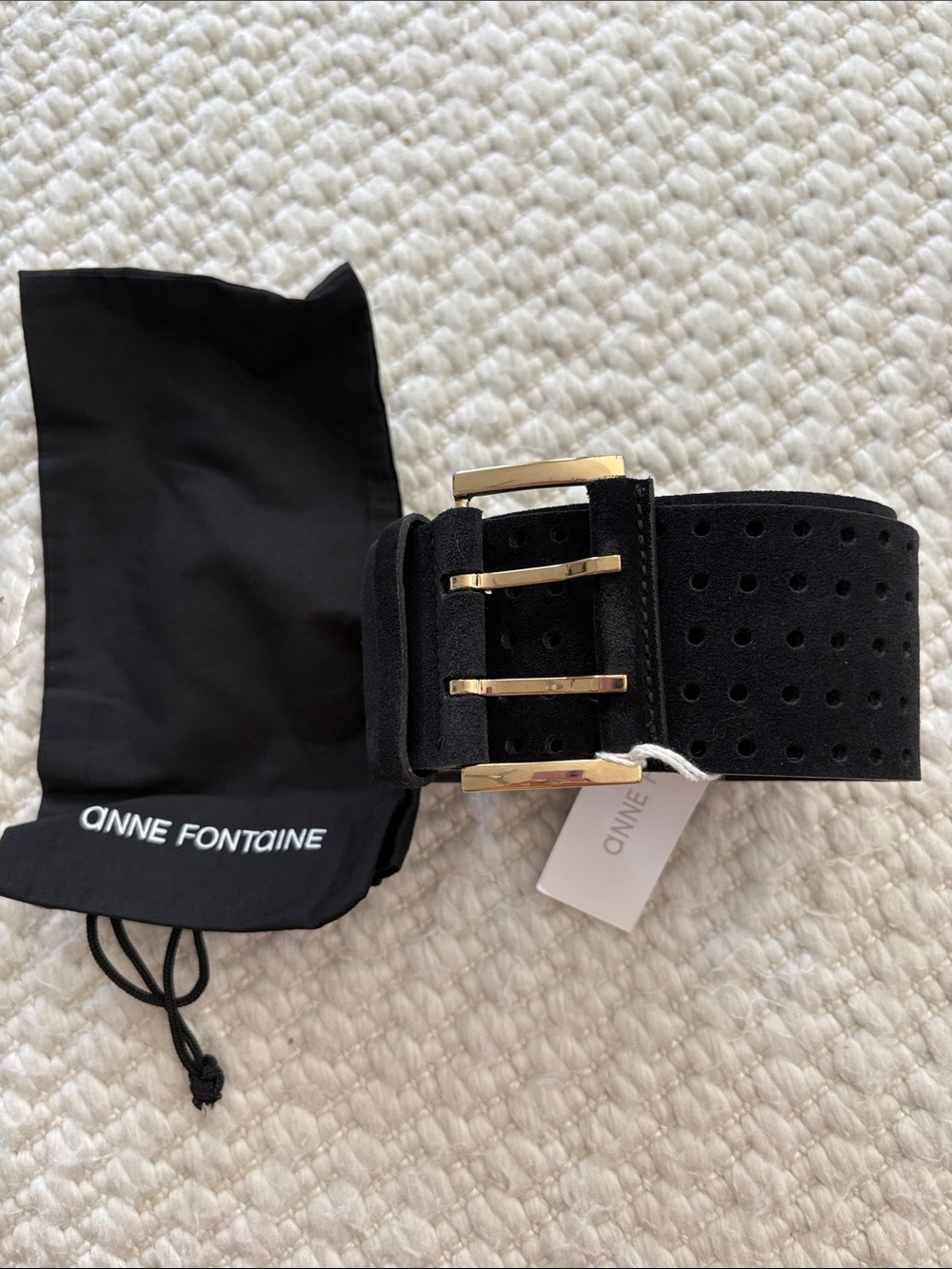 Anne Fontaine Black Perforated Suede Belt with Gold Triple-Prong Buckle